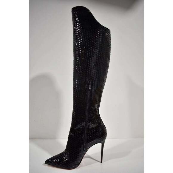 Christian Louboutin Alta Botta 100 Black Patent Bird Knee High Heel Boot 37.5 - Picture 8 of 12